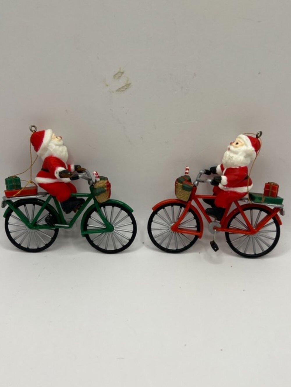 Vintage Santa Claus On Bicycle 3.5" Plastic Christmas Tree Ornament Lot Of 2